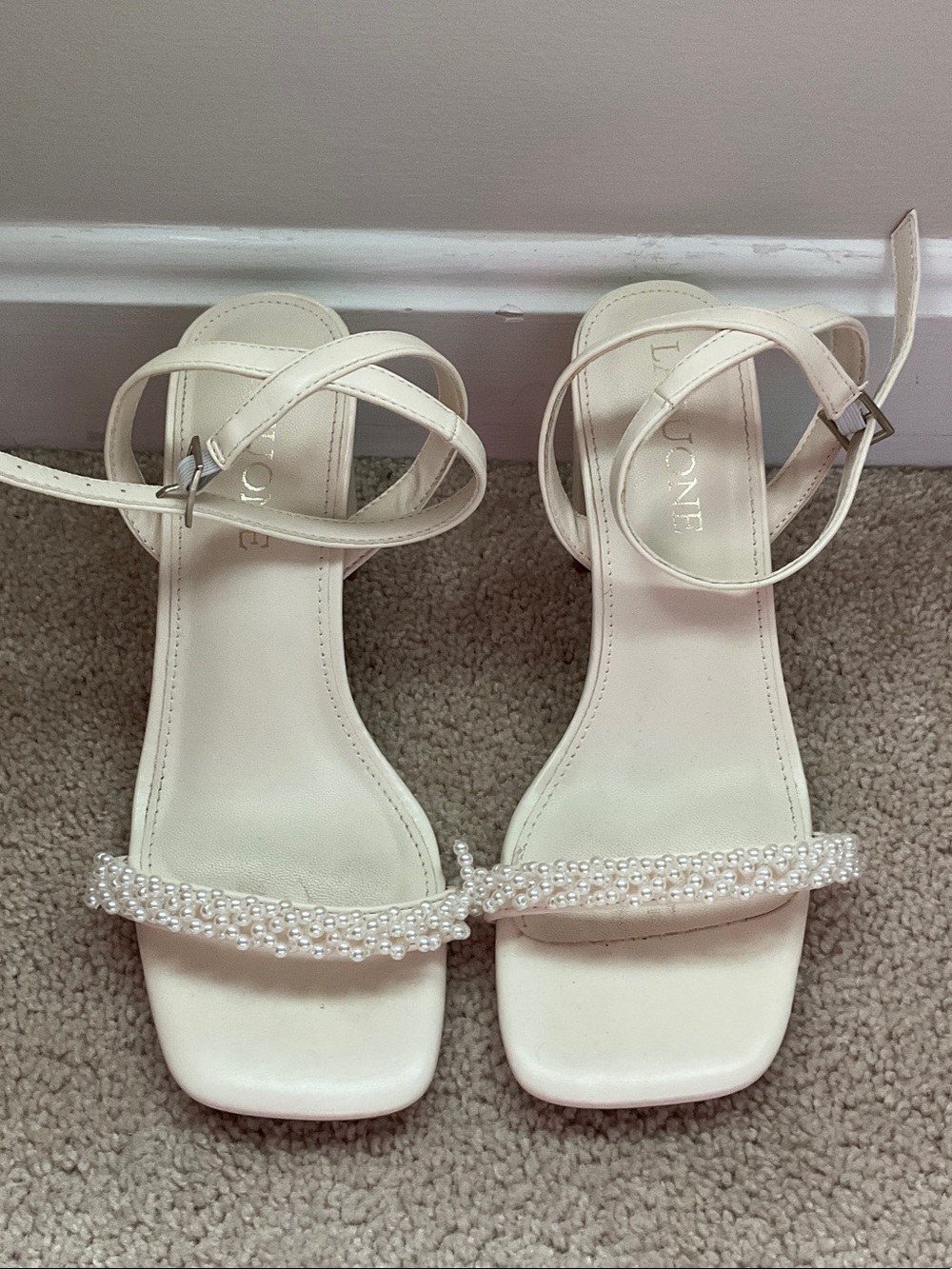 Pearl-Embellished Ivory Ankle-Strap Heels